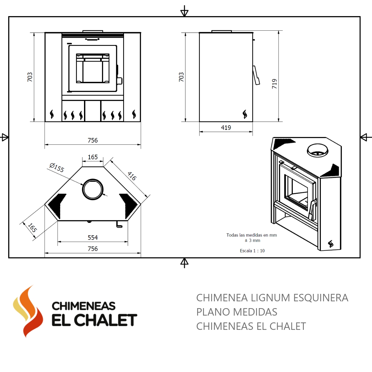 Planos técnicos de chimenea esquinera Lignum.