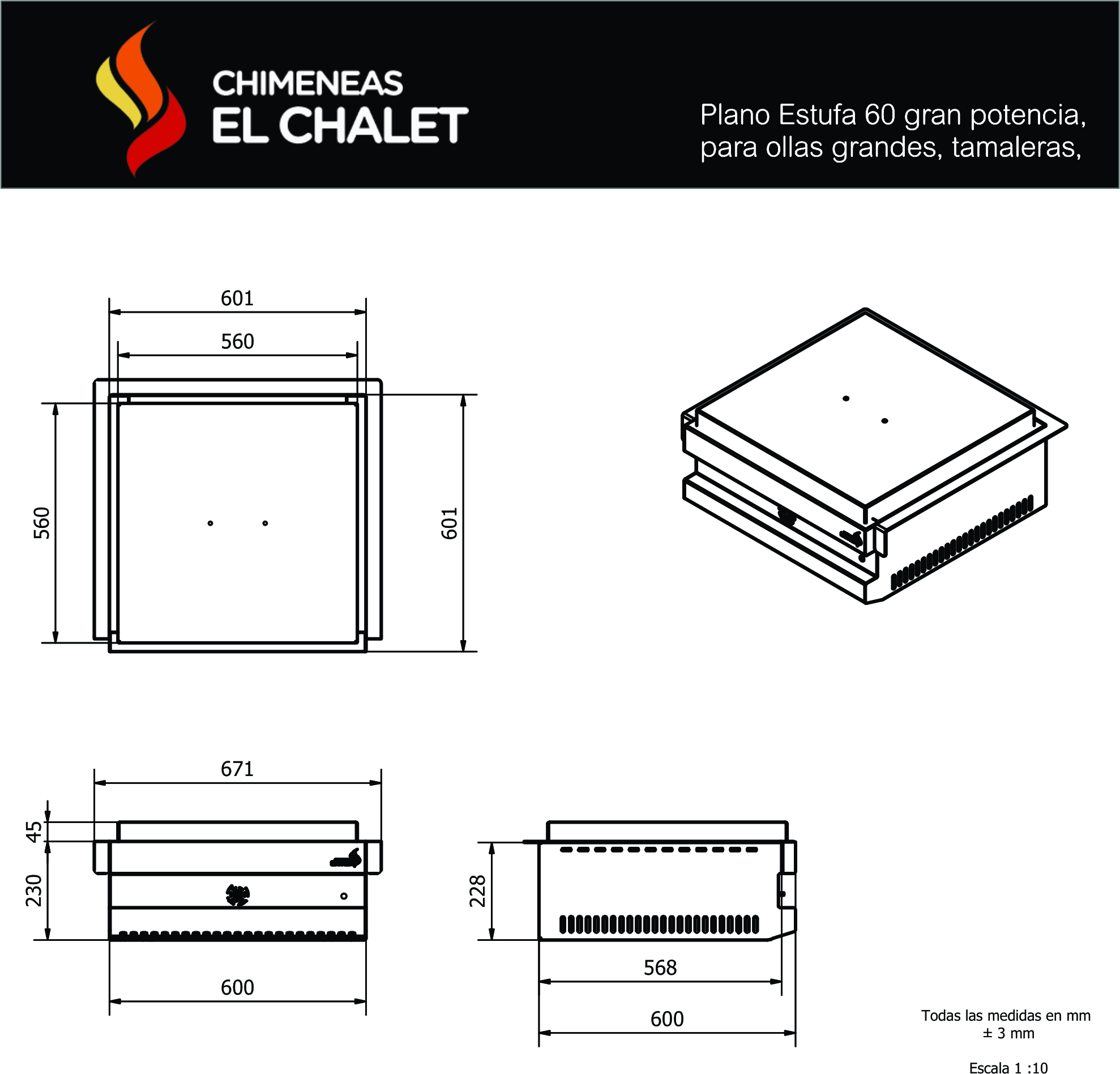 Diagramas técnicos de estufa de alta potencia.